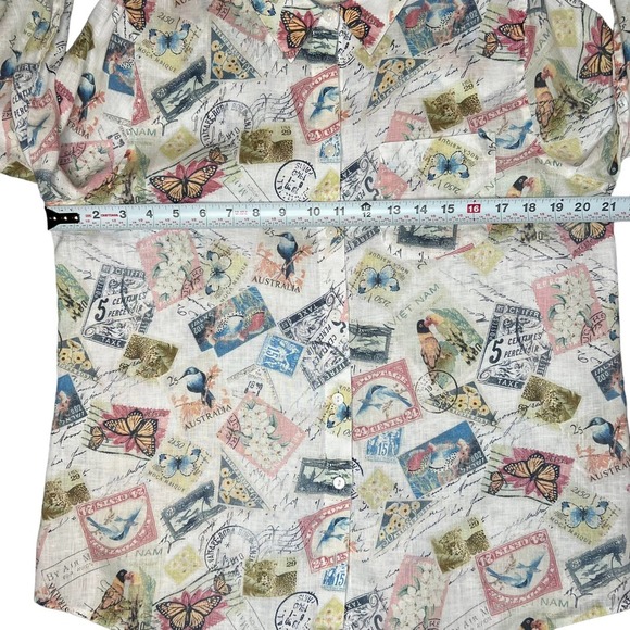 Chico's 100% Linen Novelty Print Button Up Size Medium Vacation Passport Travel - Picture 10 of 10